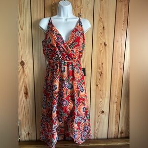 Iz Byer Size M Red Orange Faux Wrap High Low New Dress Lined Elastic Waist Belt